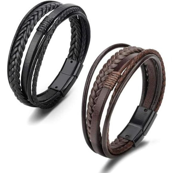 Mens Black Brown Leather Bracelet Multi Strand Braided Casual Wristband Gift - Picture 3 of 8